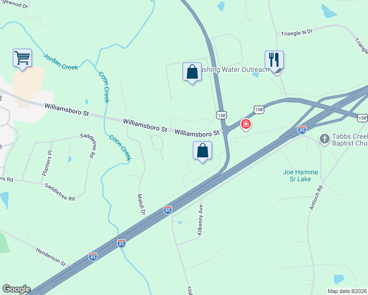 map of restaurants, bars, coffee shops, grocery stores, and more near 1490 Williamsboro Street in Oxford