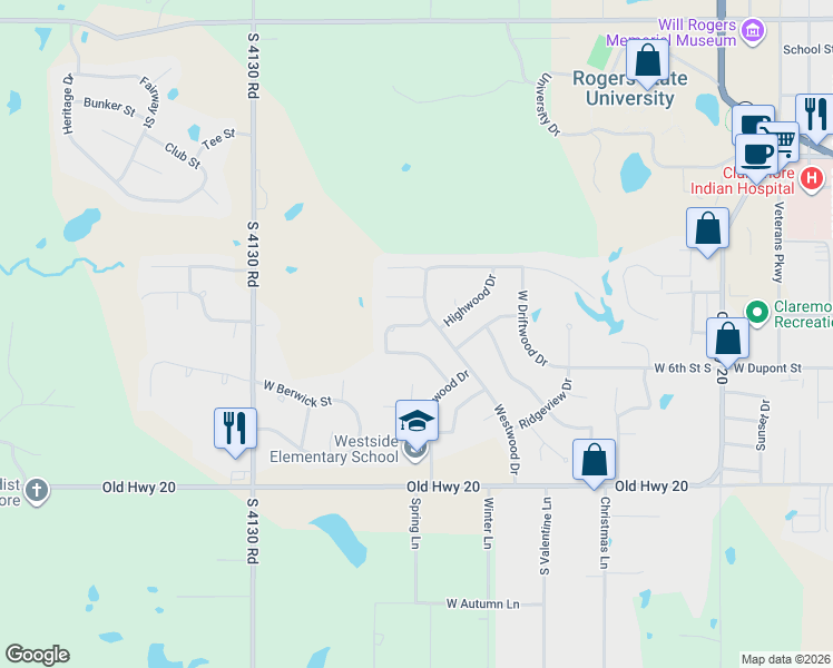 map of restaurants, bars, coffee shops, grocery stores, and more near 2703 Highwood Drive in Claremore