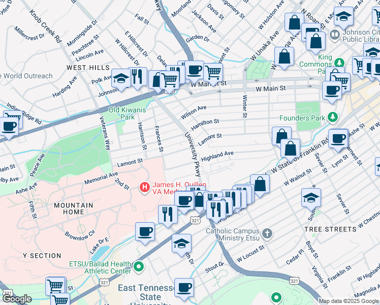 map of restaurants, bars, coffee shops, grocery stores, and more near 603 Lamont St in Johnson City