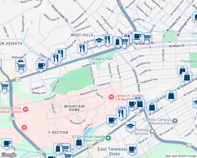 map of restaurants, bars, coffee shops, grocery stores, and more near 825 Hamilton Street in Johnson City