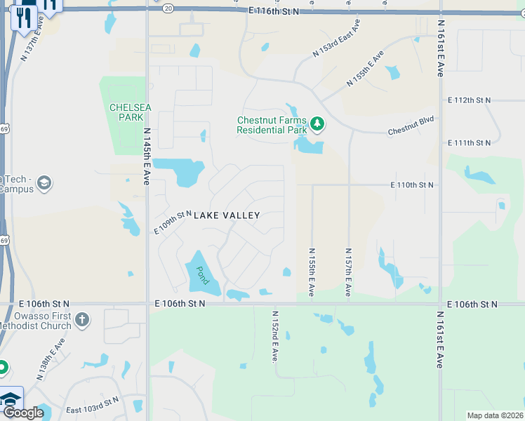 map of restaurants, bars, coffee shops, grocery stores, and more near 15121 East 109th Street North in Owasso