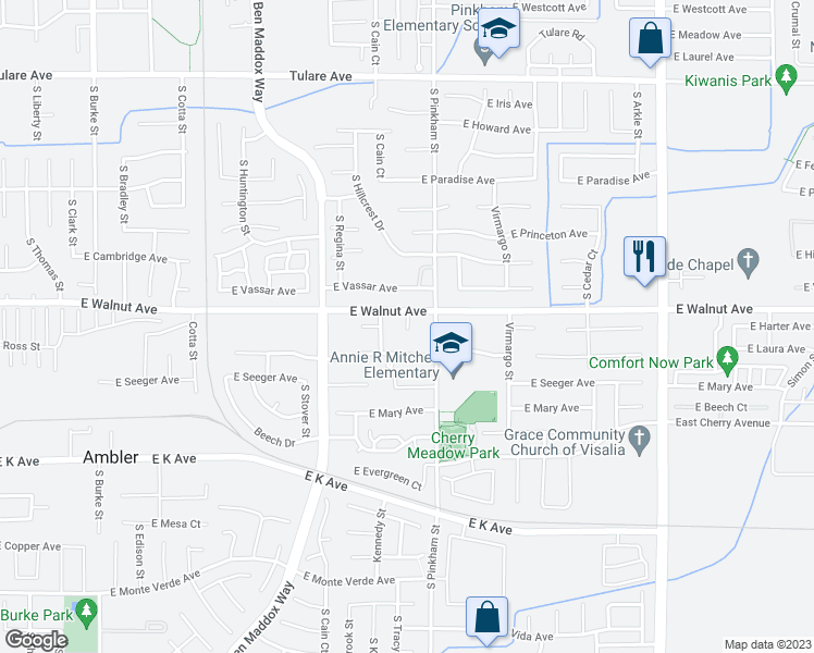 map of restaurants, bars, coffee shops, grocery stores, and more near 2023 South Tracy Court in Visalia