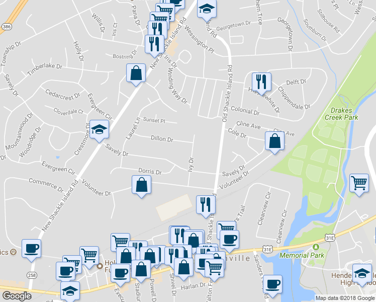 map of restaurants, bars, coffee shops, grocery stores, and more near 207 Ivy Drive in Hendersonville