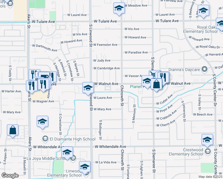 map of restaurants, bars, coffee shops, grocery stores, and more near 4213 West Walnut Avenue in Visalia