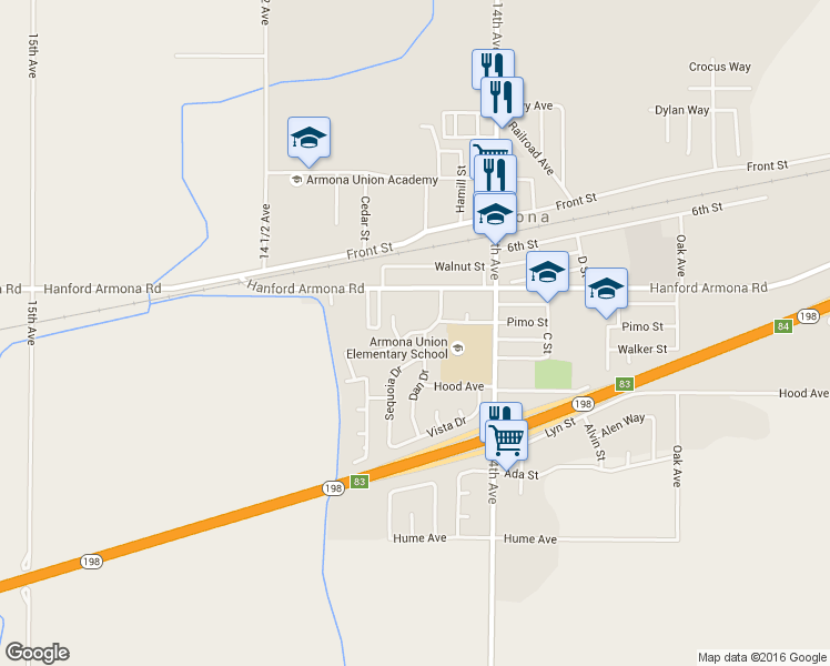 map of restaurants, bars, coffee shops, grocery stores, and more near 14175 Pimo Street in Armona