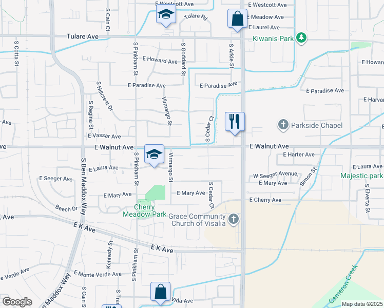 map of restaurants, bars, coffee shops, grocery stores, and more near 2510 East Harter Court in Visalia
