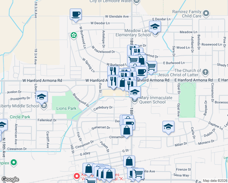 map of restaurants, bars, coffee shops, grocery stores, and more near 215 West Hanford Armona Road in Lemoore
