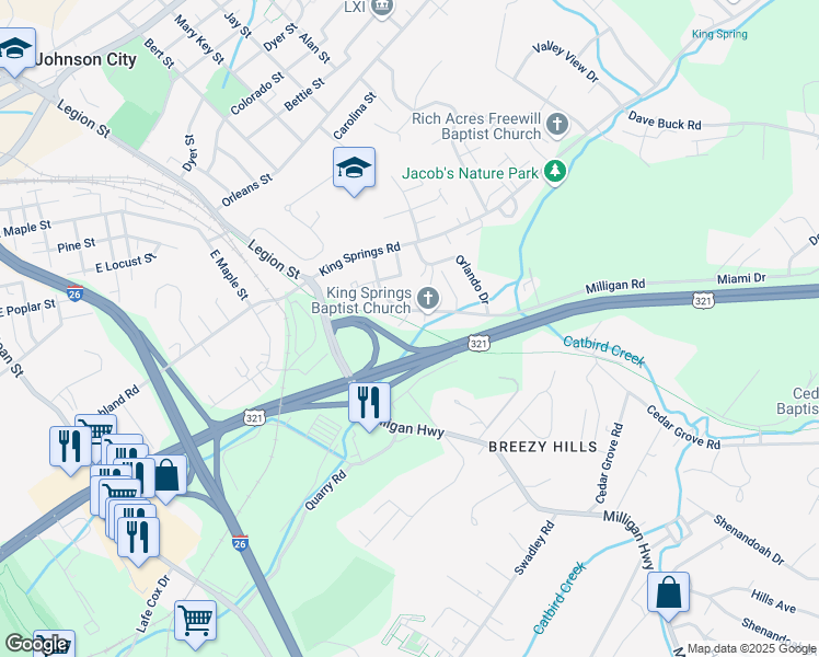 map of restaurants, bars, coffee shops, grocery stores, and more near 813 Richacres Road in Johnson City