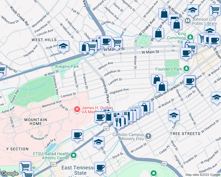 map of restaurants, bars, coffee shops, grocery stores, and more near 513 Lamont Street in Johnson City
