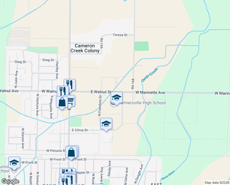 map of restaurants, bars, coffee shops, grocery stores, and more near 631 East Walnut Street in Farmersville