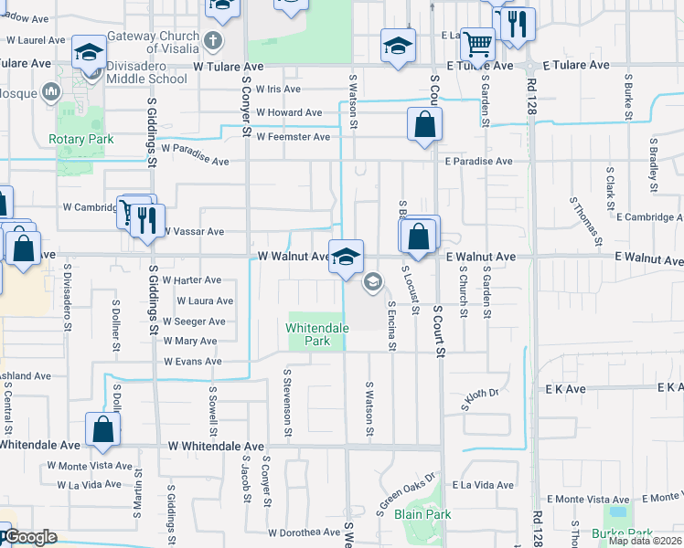 map of restaurants, bars, coffee shops, grocery stores, and more near 446 West Harter Avenue in Visalia