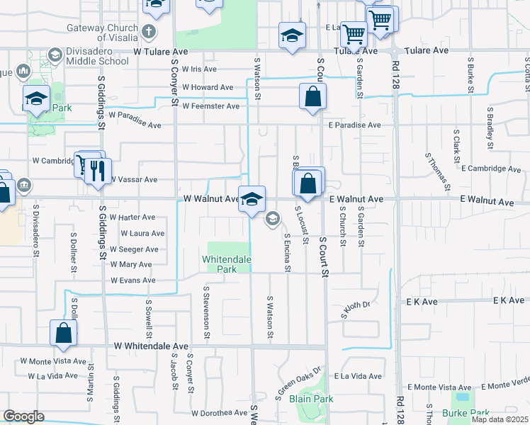map of restaurants, bars, coffee shops, grocery stores, and more near 416 West Harter Avenue in Visalia