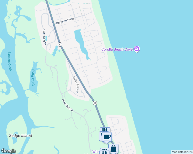 map of restaurants, bars, coffee shops, grocery stores, and more near 731 East Knot Court in Corolla