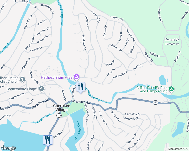 map of restaurants, bars, coffee shops, grocery stores, and more near 151 Flathead Drive in Cherokee Village