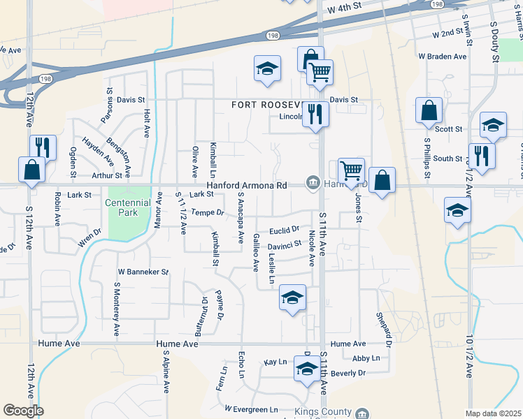 map of restaurants, bars, coffee shops, grocery stores, and more near 888 Tempe Drive in Hanford