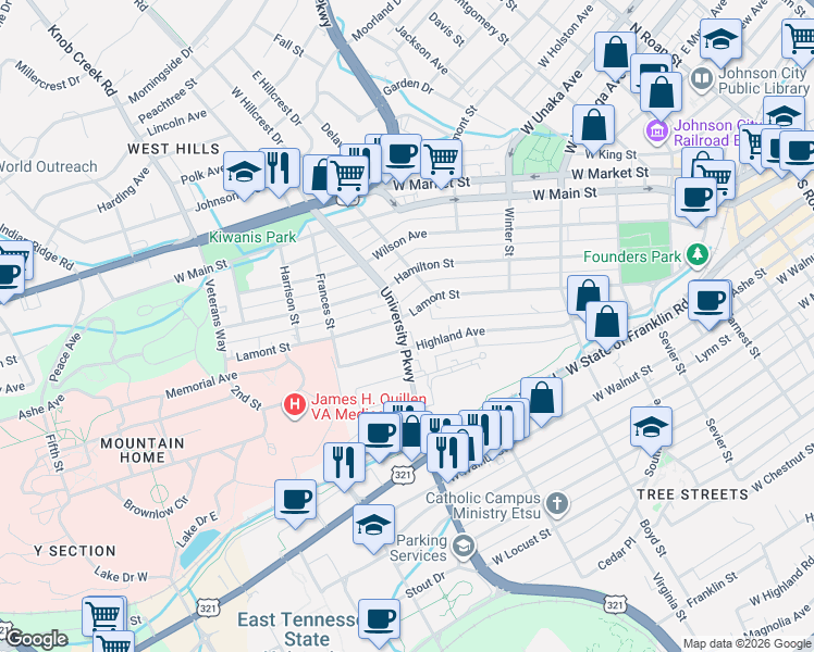 map of restaurants, bars, coffee shops, grocery stores, and more near 603 Lamont Street in Johnson City