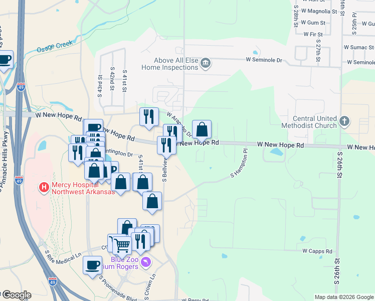 map of restaurants, bars, coffee shops, grocery stores, and more near 3202 West New Hope Road in Rogers