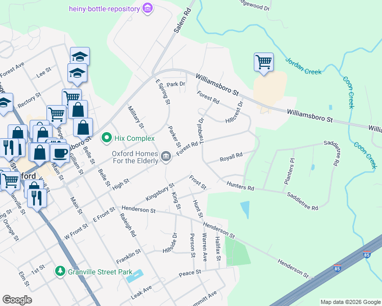 map of restaurants, bars, coffee shops, grocery stores, and more near 304 Tranquil Drive in Oxford