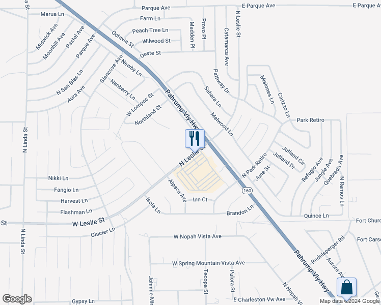 map of restaurants, bars, coffee shops, grocery stores, and more near 300 West Leslie Street in Pahrump