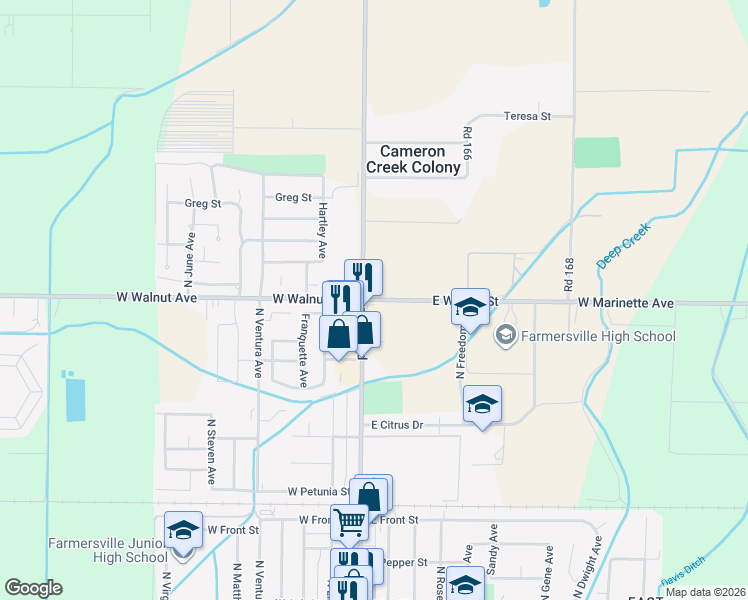 map of restaurants, bars, coffee shops, grocery stores, and more near in Farmersville