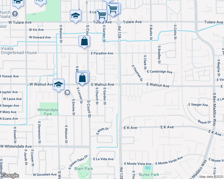 map of restaurants, bars, coffee shops, grocery stores, and more near 347 East Walnut Avenue in Visalia
