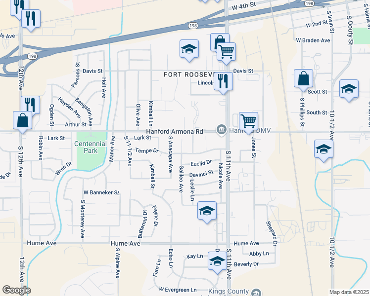map of restaurants, bars, coffee shops, grocery stores, and more near 888 Tempe Drive in Hanford