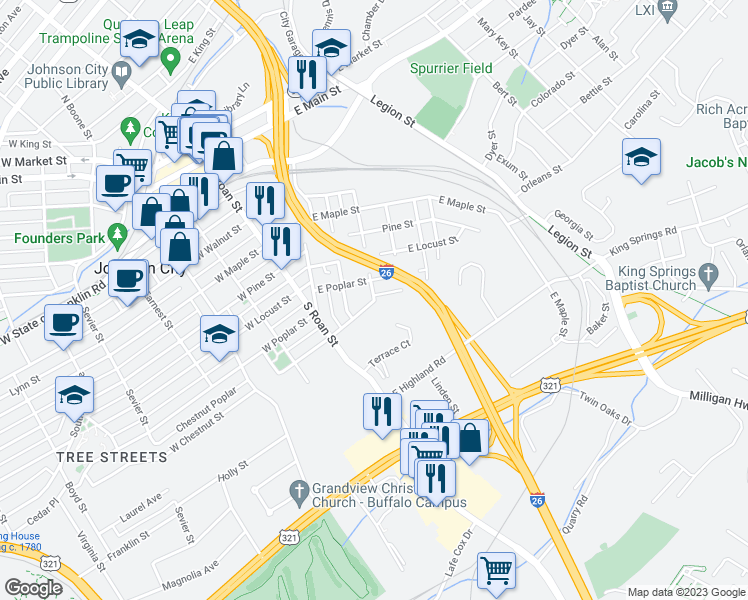 map of restaurants, bars, coffee shops, grocery stores, and more near 310 East Chestnut Street in Johnson City