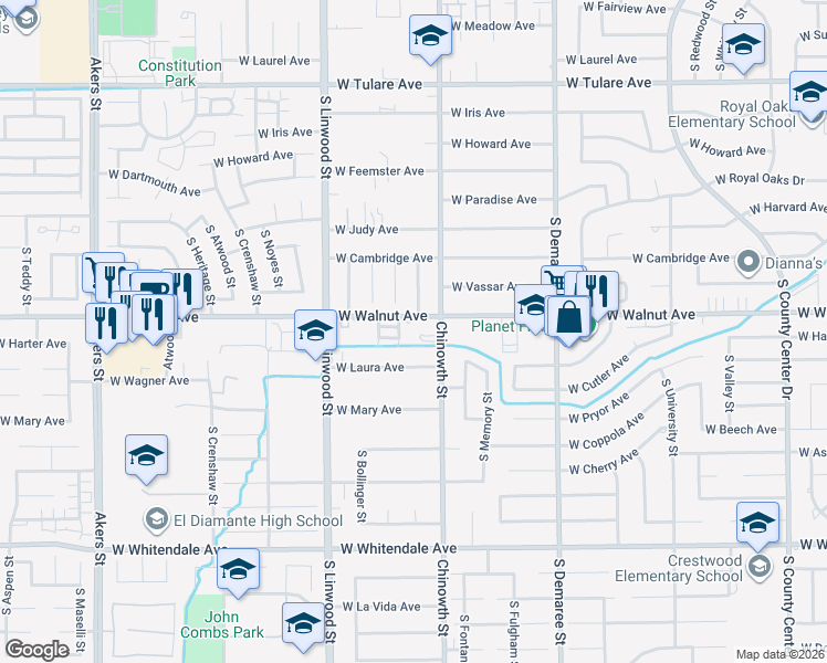 map of restaurants, bars, coffee shops, grocery stores, and more near 4119 West Walnut Avenue in Visalia