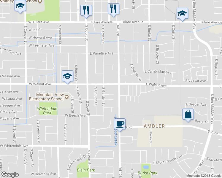 map of restaurants, bars, coffee shops, grocery stores, and more near 347 East Walnut Avenue in Visalia