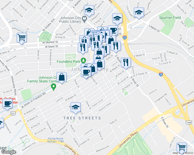 map of restaurants, bars, coffee shops, grocery stores, and more near 310 West Maple Street in Johnson City