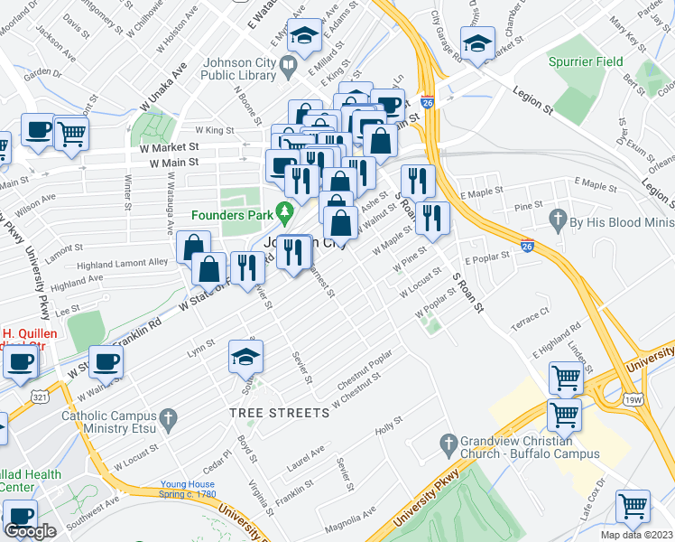 map of restaurants, bars, coffee shops, grocery stores, and more near 308 West Maple Street in Johnson City