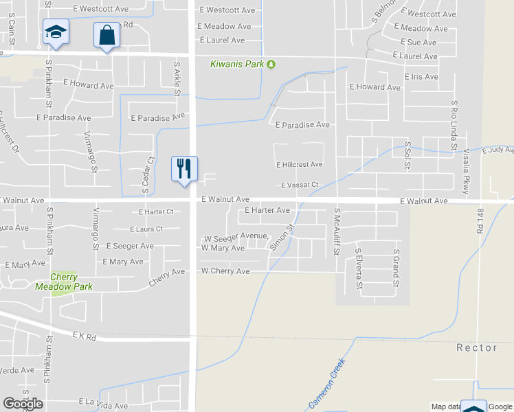 map of restaurants, bars, coffee shops, grocery stores, and more near 3236 East Harter Avenue in Visalia