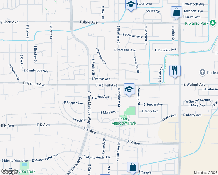 map of restaurants, bars, coffee shops, grocery stores, and more near 1933 East Walnut Avenue in Visalia