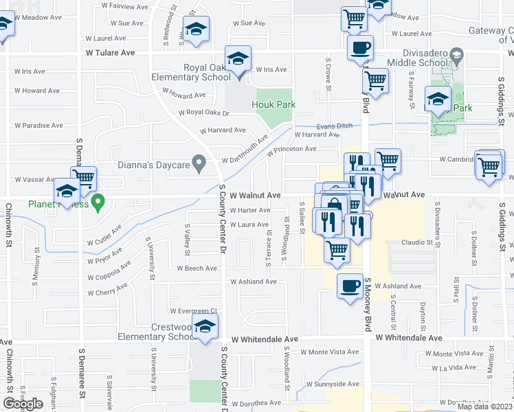 map of restaurants, bars, coffee shops, grocery stores, and more near 2702 West Harter Avenue in Visalia