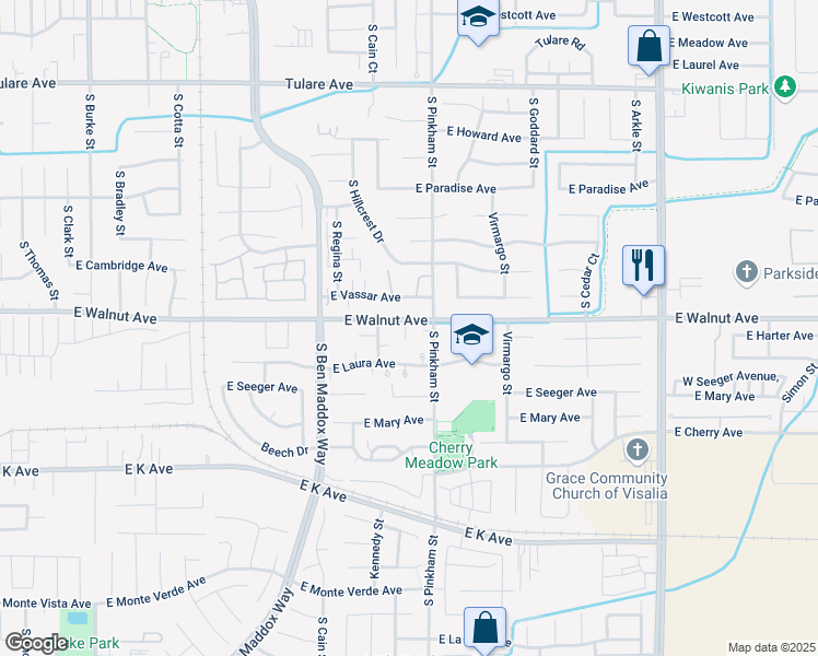 map of restaurants, bars, coffee shops, grocery stores, and more near 2035 South Tracy Court in Visalia