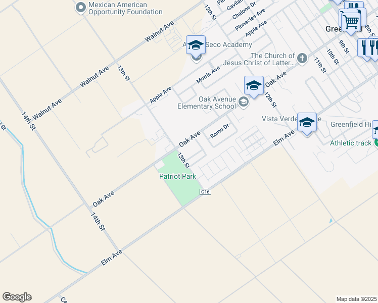 map of restaurants, bars, coffee shops, grocery stores, and more near 130 13th Street in Greenfield