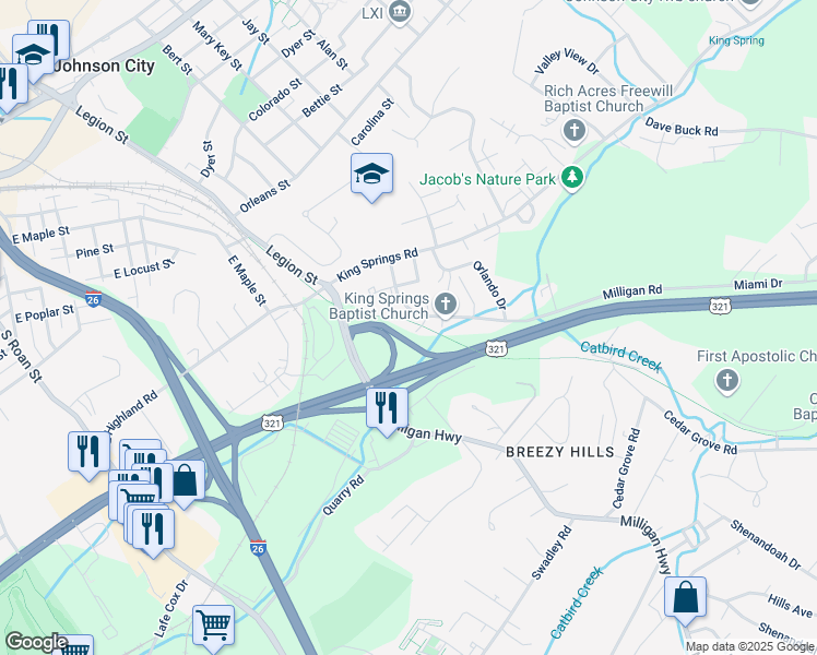 map of restaurants, bars, coffee shops, grocery stores, and more near 813 Richacres Road in Johnson City