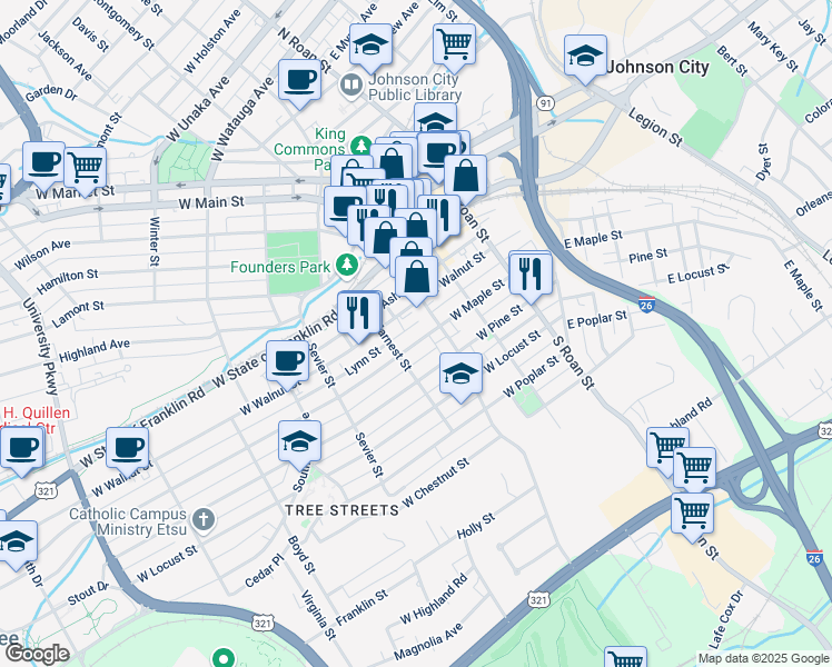 map of restaurants, bars, coffee shops, grocery stores, and more near 307 West Maple Street in Johnson City