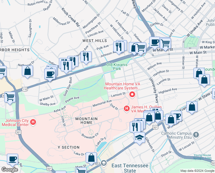 map of restaurants, bars, coffee shops, grocery stores, and more near 825 Hamilton Street in Johnson City