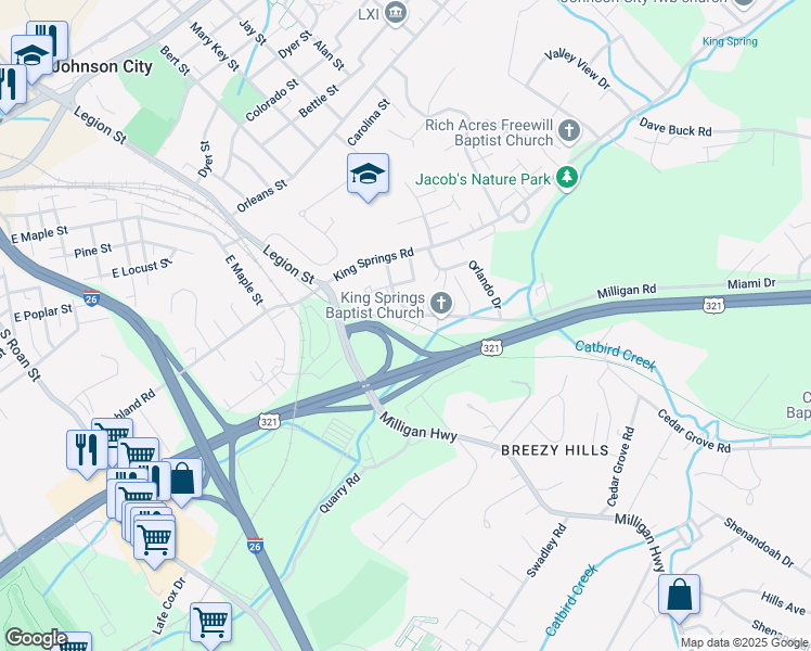 map of restaurants, bars, coffee shops, grocery stores, and more near 813 Richacres Road in Johnson City