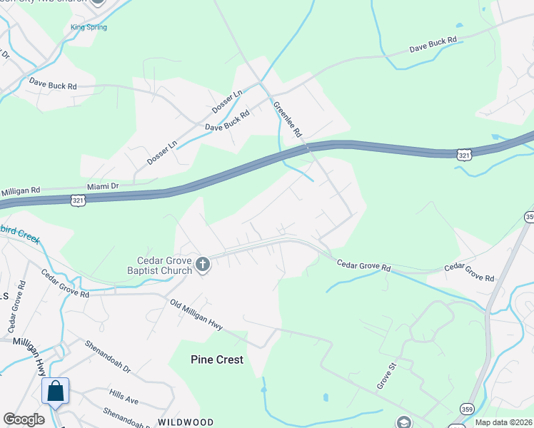 map of restaurants, bars, coffee shops, grocery stores, and more near 135 Cedar Grove Road in Johnson City
