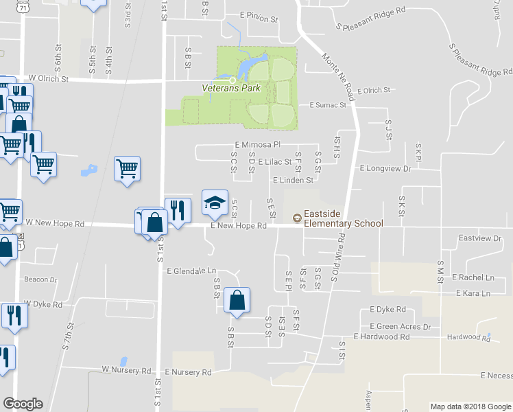 map of restaurants, bars, coffee shops, grocery stores, and more near 1825 South D Street in Rogers