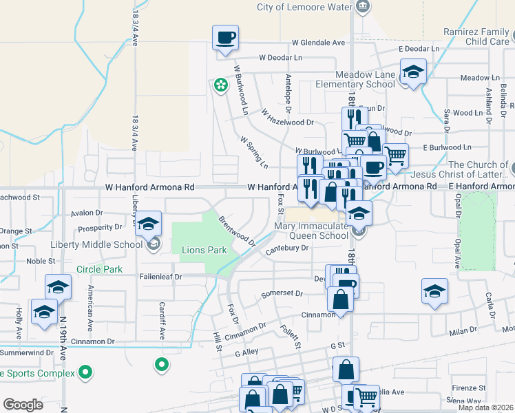 map of restaurants, bars, coffee shops, grocery stores, and more near 1020 Hanover Avenue in Lemoore
