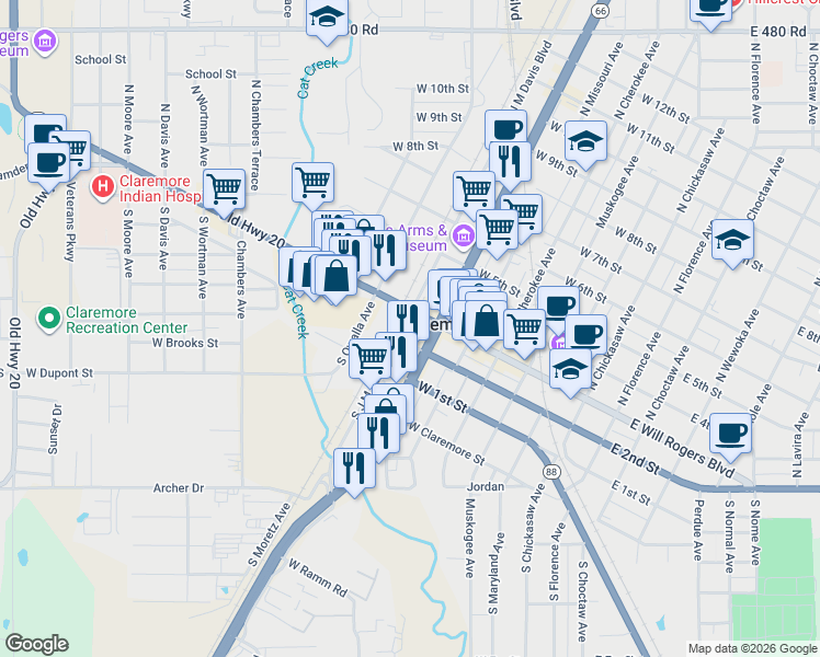 map of restaurants, bars, coffee shops, grocery stores, and more near 625 West Will Rogers Boulevard in Claremore