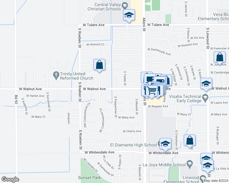 map of restaurants, bars, coffee shops, grocery stores, and more near 5633 West Walnut Avenue in Visalia