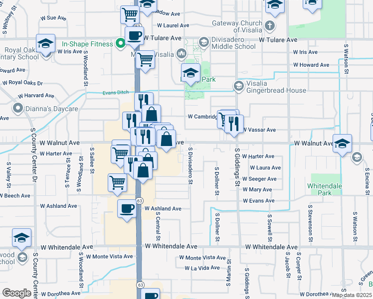 map of restaurants, bars, coffee shops, grocery stores, and more near 2025 South Divisadero Street in Visalia