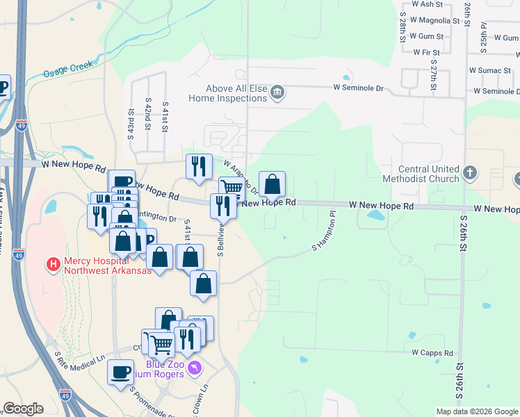 map of restaurants, bars, coffee shops, grocery stores, and more near 3202 West New Hope Road in Rogers
