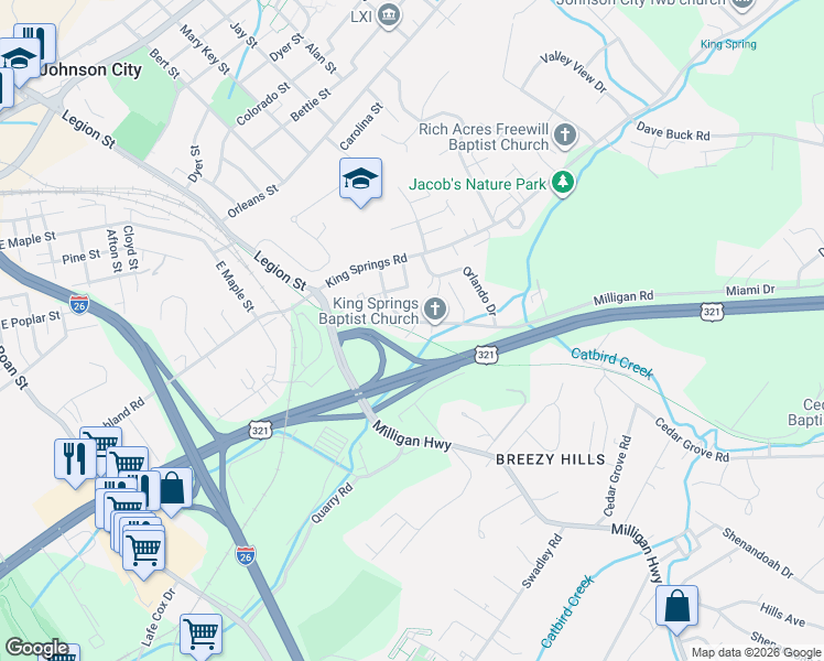 map of restaurants, bars, coffee shops, grocery stores, and more near 814 Rich Acres Drive in Johnson City