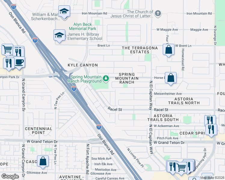map of restaurants, bars, coffee shops, grocery stores, and more near 9056 Watermelon Seed Avenue in Las Vegas