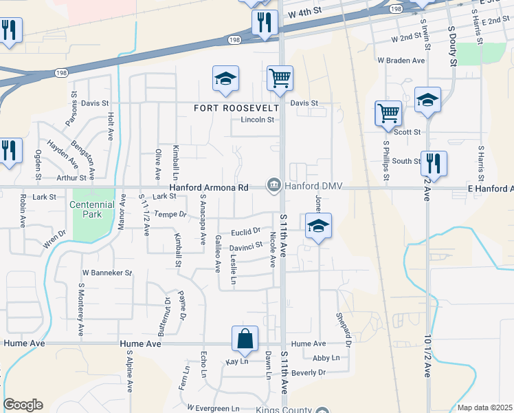 map of restaurants, bars, coffee shops, grocery stores, and more near 843 Tempe Drive in Hanford